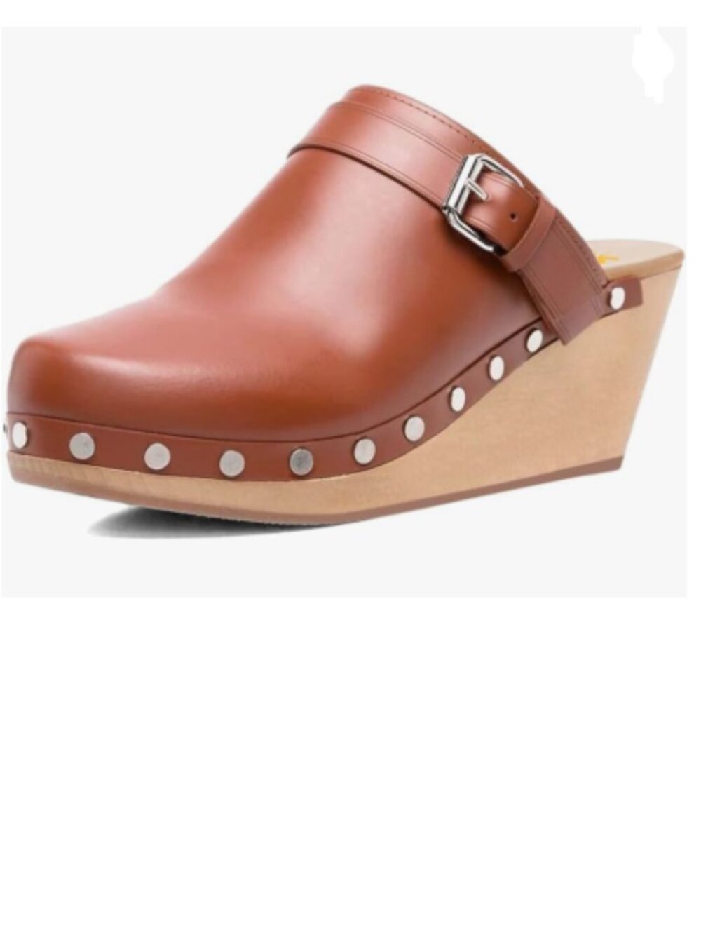 XYD Brown Cork Mules Heels Chic Studs Buckle Strap Fasten Round Toe Dress Shoes